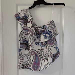 LOFT Paisley Ruffle One shoulder Blouse - White, Purple, Blue, Green and Pink
